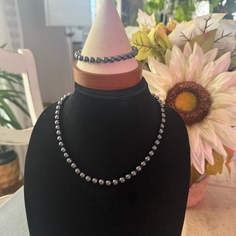 925 Sterling Silver Hematite Beaded Necklace Bracelet Set